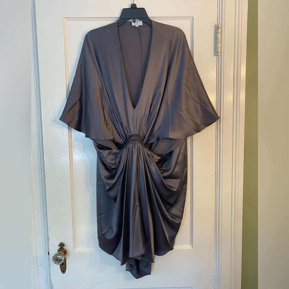 Miguelina gray silk dress, waist cut offs, midi